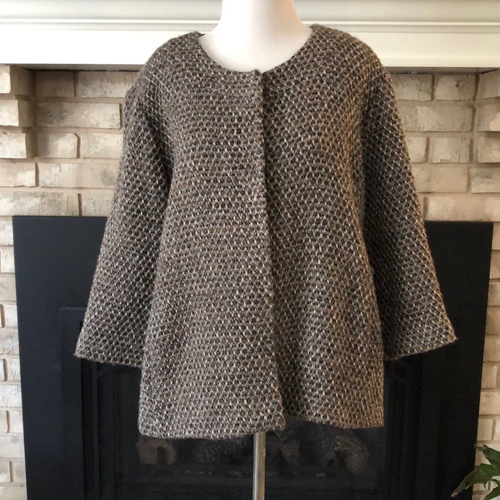 Eileen Fisher Brown Tan Tweed Italian Fabric 4-Button Swing Jacket size Large